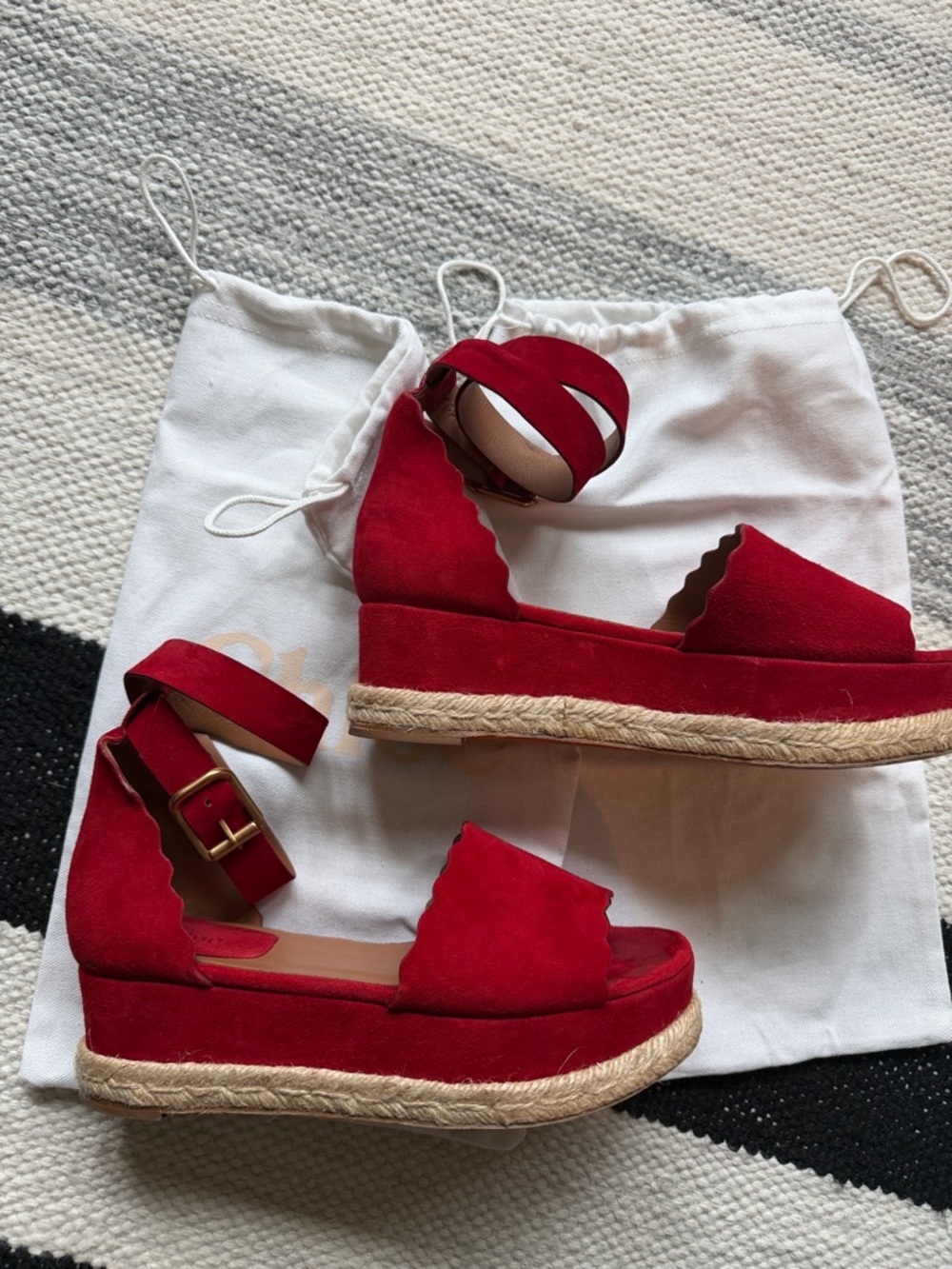 Chloe Lauren Leather Espadrille Platform Scallop Edge Sandals - Picture 4 of 8